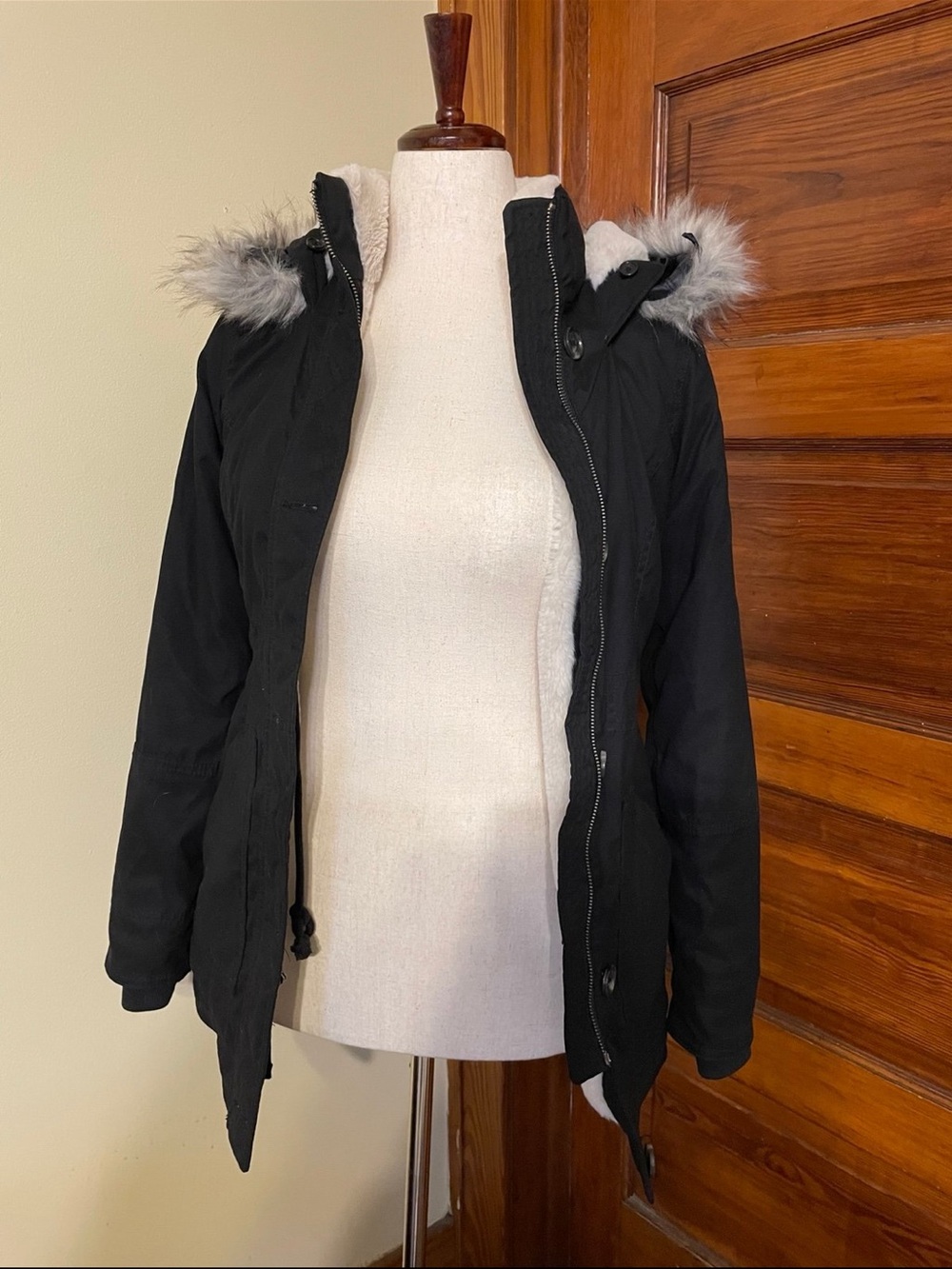 Hollister Black Hooded Trench Coat with Faux-Fur Trim